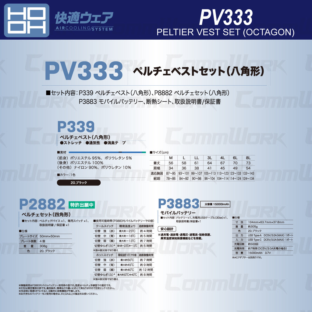 HOOH 快適ウェア PV333 ペルチェベストセット(八角形) グラフェン搭載デバイス 15000mAh大容量バッテリー付 ホット&クール切替 村上被服