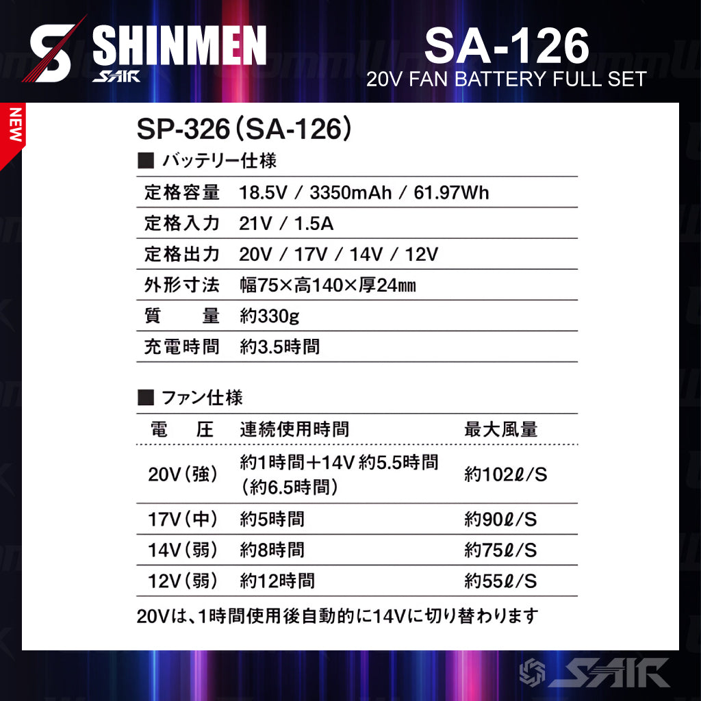 シンメン SA-126 S-AIR 20Vパワーファンバッテリーセット 水洗い対応 最大風量102L/秒 大容量 空調ウェア専用デバイス