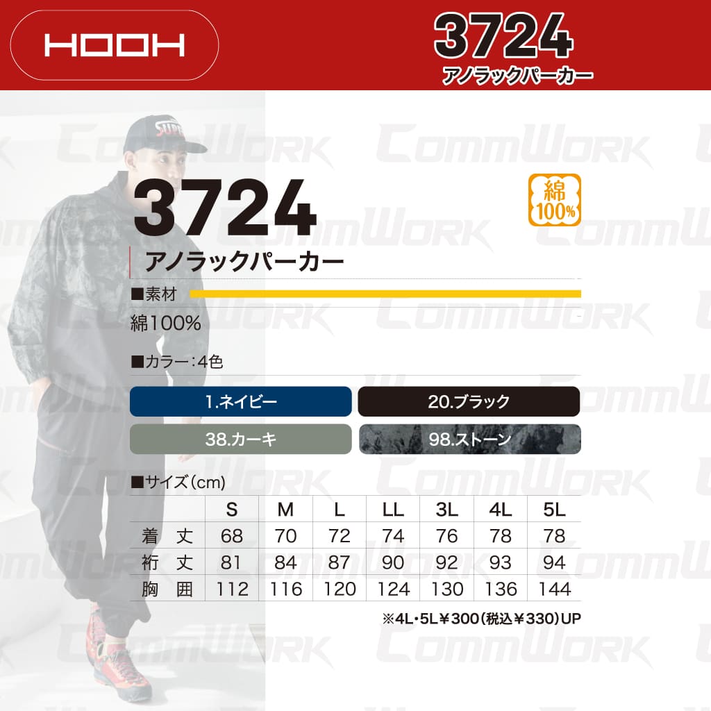 HOOH アノラックパーカー 3724 綿100% ハーフジップ 大容量ポケット 通気性 軽防寒 作業服 作業着 鳳皇 村上被服