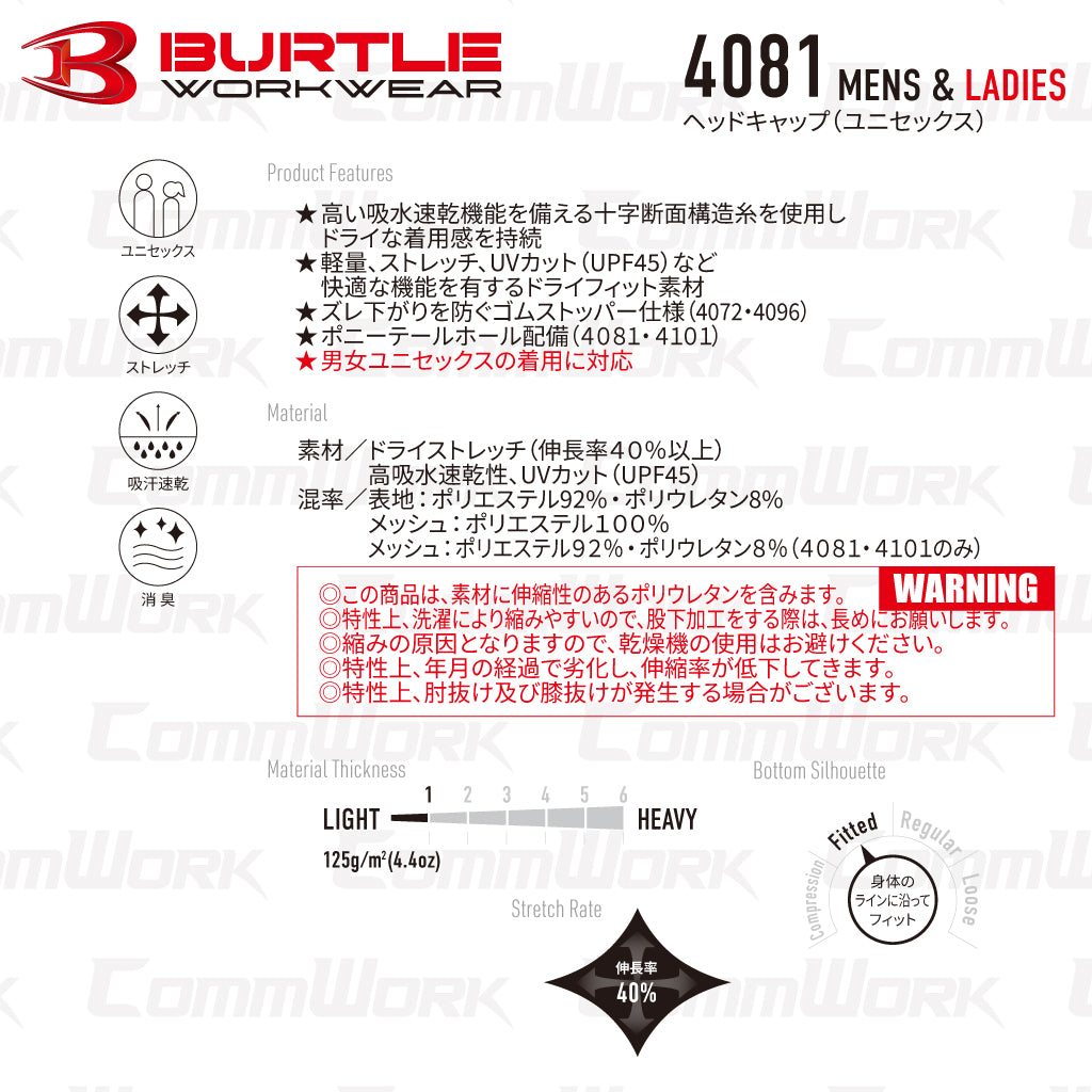 バートル BURTLE 4081 ヘッドキャップ ドライフィット  高吸汗速乾 UVカット ポニーテールホール ヘルメットインナー ユニセックス