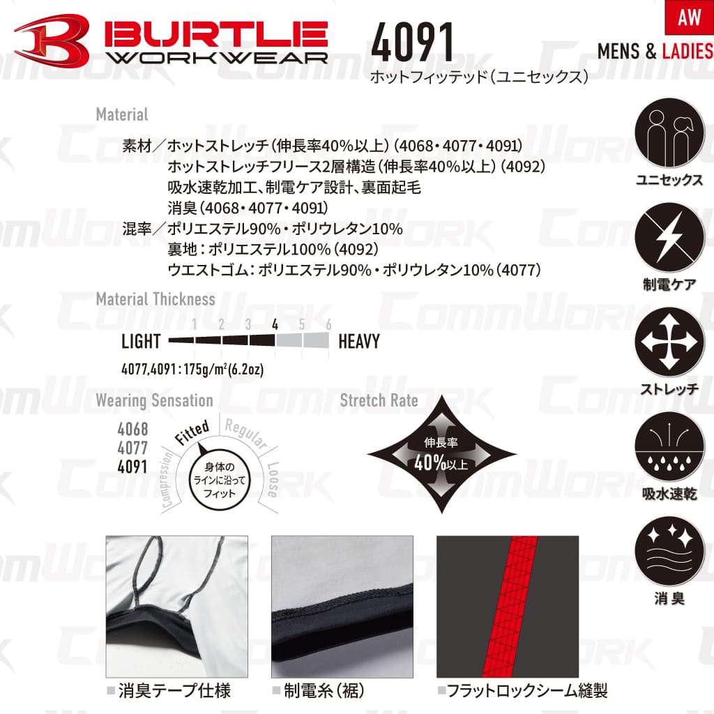 BURTLE 4091 ホットフィッテッド 4WAYストレッチ 裏起毛 吸汗速乾 消臭テープ 制電ケア フラットロック縫製 長袖 インナー コンプレッション 男女兼用 作業服 作業着 バートル
