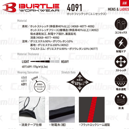 BURTLE 4091 ホットフィッテッド 4WAYストレッチ 裏起毛 吸汗速乾 消臭テープ 制電ケア フラットロック縫製 長袖 インナー コンプレッション 男女兼用 作業服 作業着 バートル