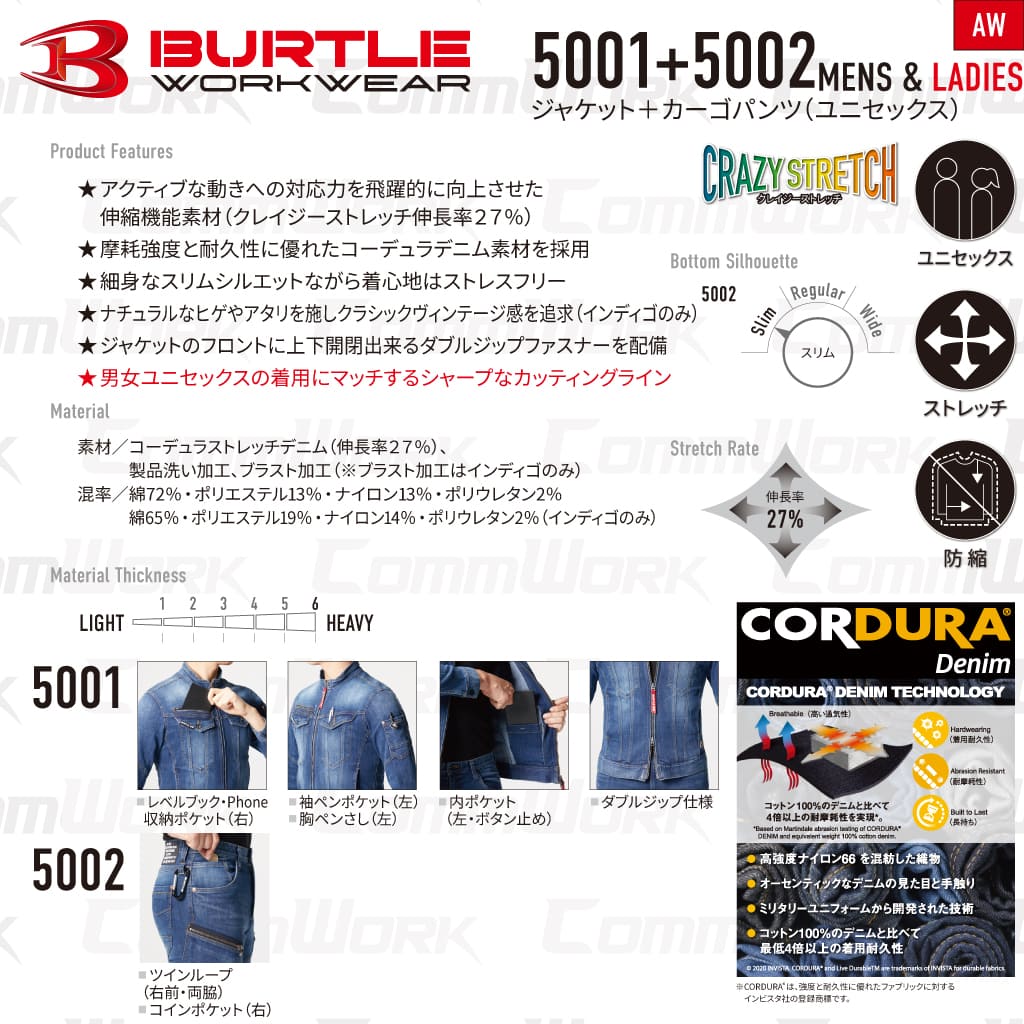BURTLE 5001 5002 上下セット ジャケット カーゴパンツ コーデュラストレッチデニム 伸長率27% ダブルジップ 耐摩耗性 スリムシルエット 作業服 作業着　バートル