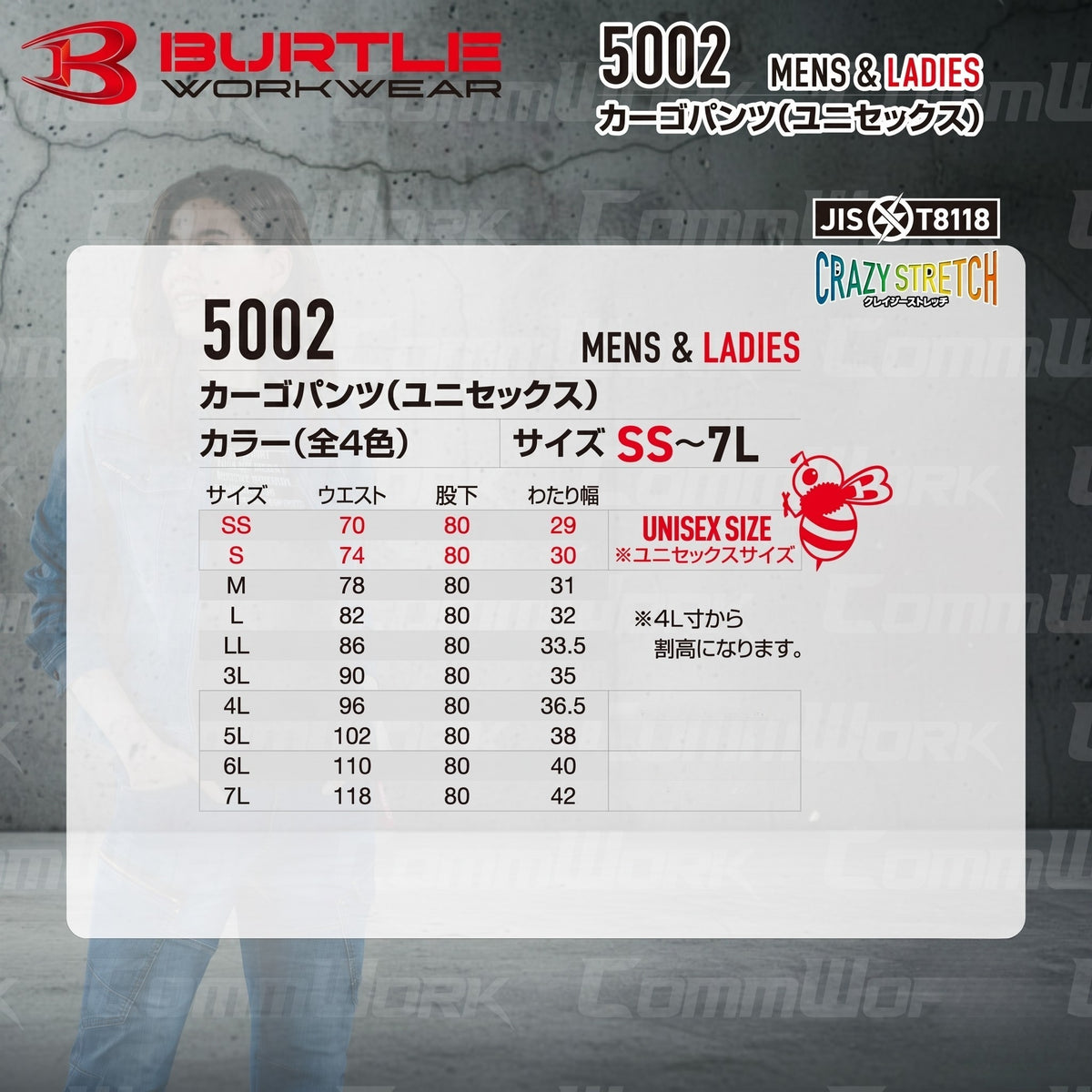 BURTLE 5002 カーゴパンツ コーデュラストレッチデニム 伸長率27% 耐摩耗性 テーパードシルエット ワークパンツ 作業服 作業着 バートル