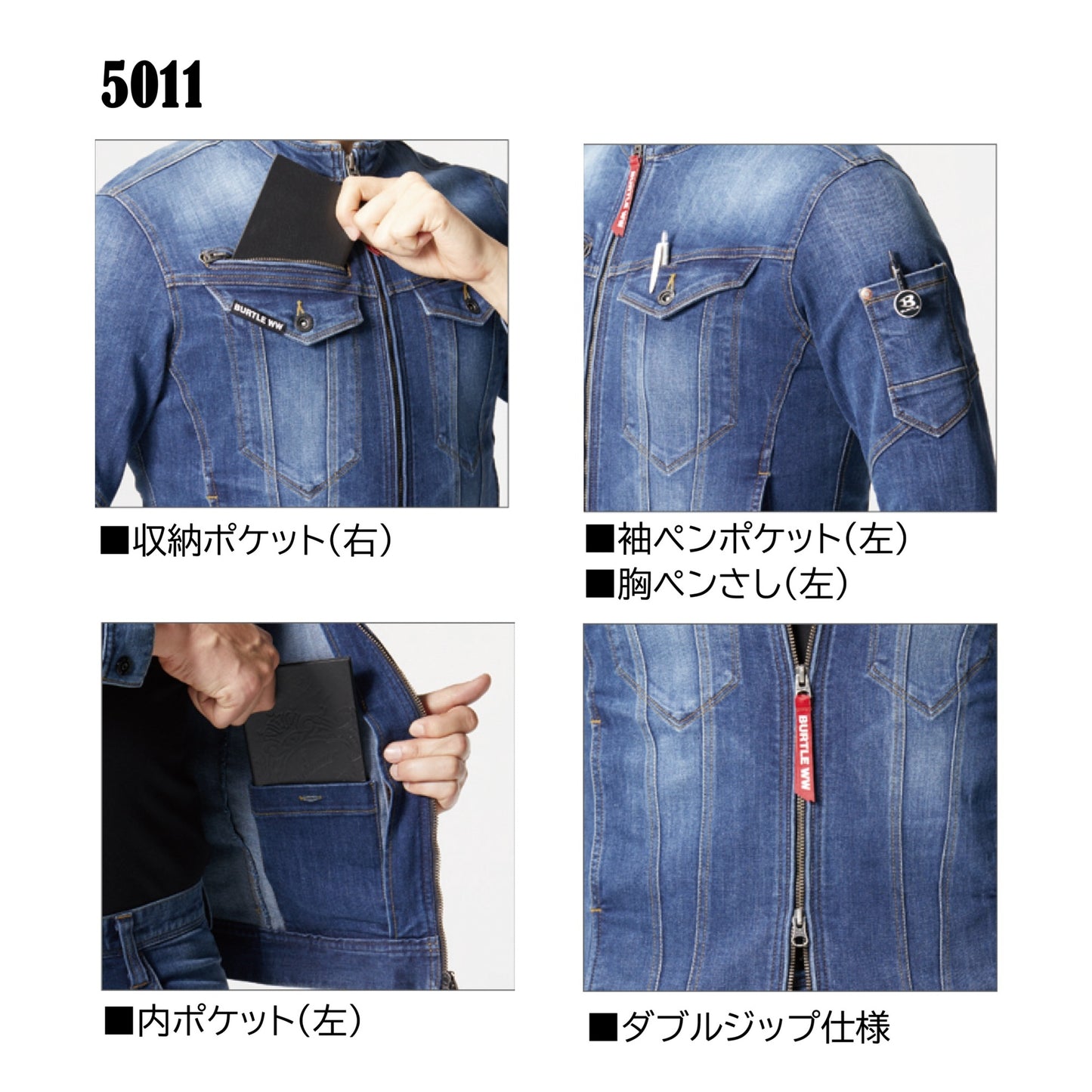 バートル  5011 ＋ 5012 作業服 上下セット インディゴ 機能説明