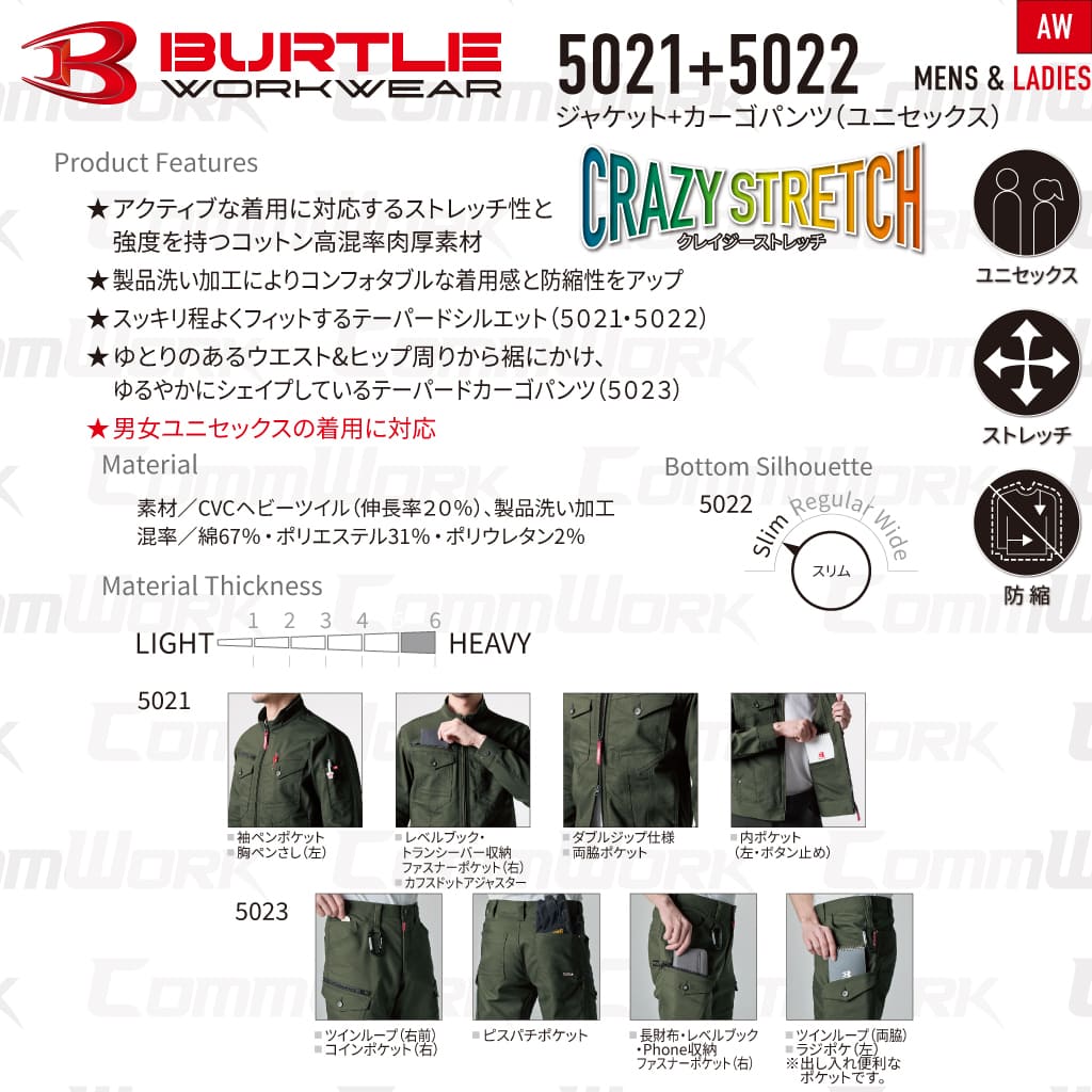 BURTLE 5021 5022 上下セット ジャケット カーゴパンツ CVCヘビーツイル 伸長率20% ダブルジップ 防縮加工 テーパードシルエット 作業服 作業着 バートル