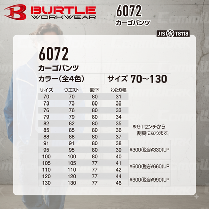 BURTLE 6072 カーゴパンツ T/Cソフトツイル JIS T8118適合 制電ケア ソリッドデザイン ワークパンツ 作業服 作業着 バートル