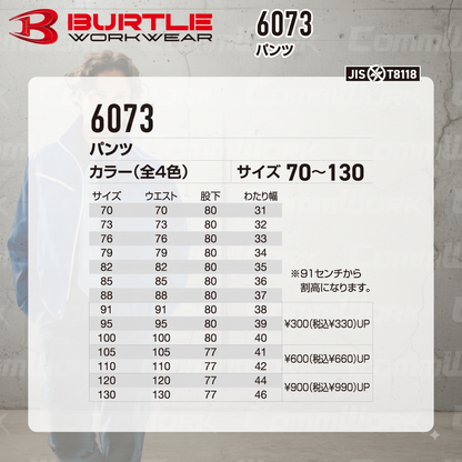 BURTLE 6073 パンツ T/Cソフトツイル JIS T8118適合 制電ケア ソリッドデザイン ワークパンツ スラックス 作業服 作業着 バートル