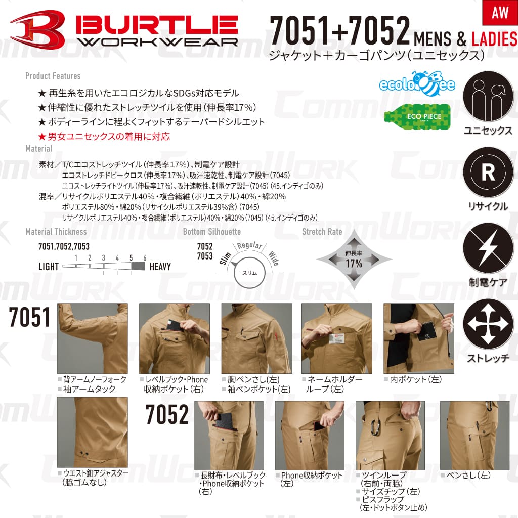 BURTLE 7051 7052 上下セット ジャケット カーゴパンツ T/Cエコストレッチツイル 伸長率17% JIS T8118適合 制電ケア テーパードシルエット 作業服 作業着 バートル