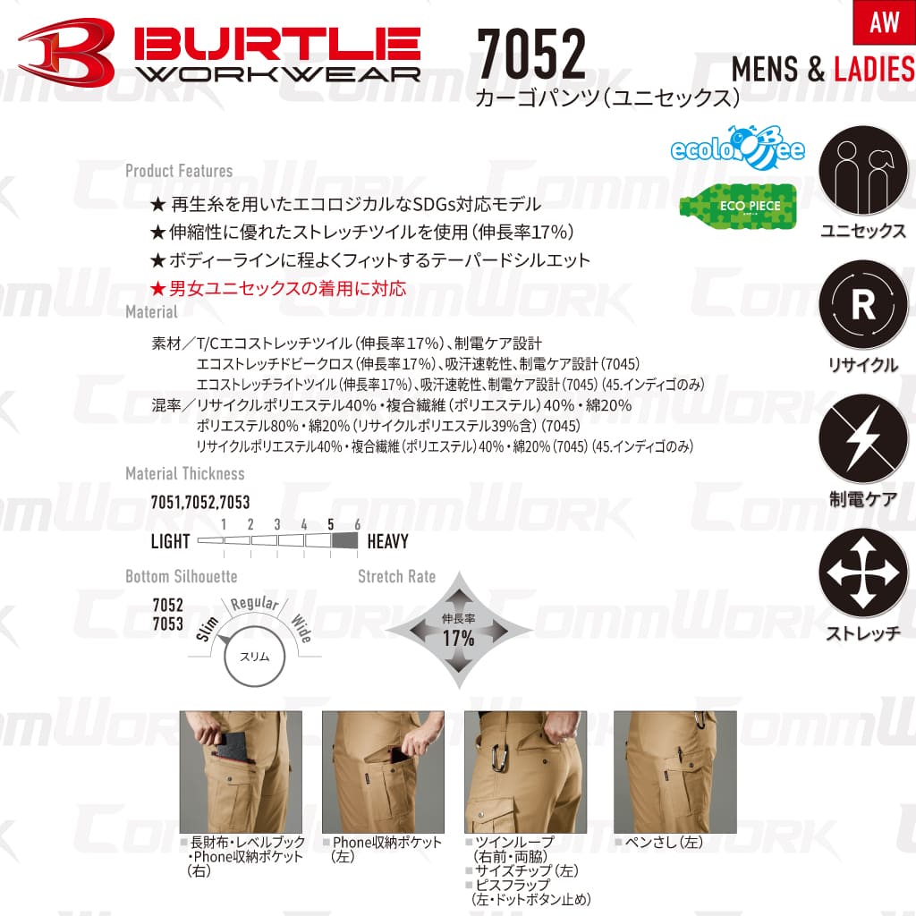 BURTLE 7052 カーゴパンツ T/Cエコストレッチツイル 伸長率17% JIS T8118適合 制電ケア テーパードシルエット ワークパンツ 作業服 作業着 バートル