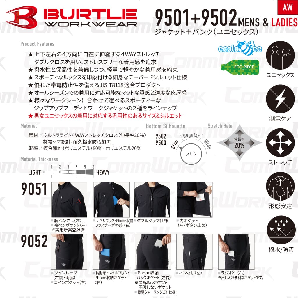 BURTLE 9501 9502 4WAYストレッチ 撥水上下セット 作業服 作業着 バートル