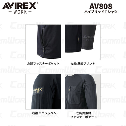 AVIREX ワーク AV808 ハイブリッドTシャツ 長袖 消臭機能付 異素材コンビ 袖コンプレッション素材切替 ミリタリー 2026年春夏モデル