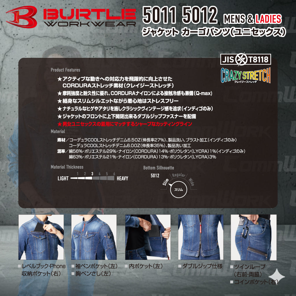 バートル BURTLE 春夏作業服 5011＆5012 上下セット ジャケット×カーゴパンツ コーデュラCOOLデニム クレイジーストレッチ 接触冷感 ユニセックス