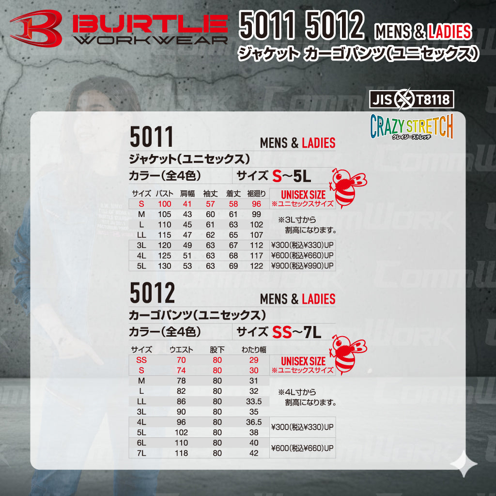 バートル BURTLE 春夏作業服 5011＆5012 上下セット ジャケット×カーゴパンツ コーデュラCOOLデニム クレイジーストレッチ 接触冷感 ユニセックス