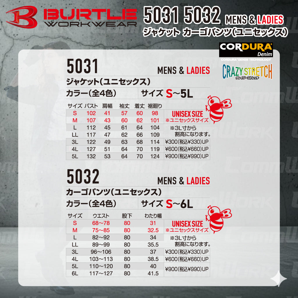 バートル BURTLE 春夏作業服 5031＆5032 上下セット ジャケット×カーゴパンツ コーデュラ4WAYストレッチリップ 接触冷感 吸汗速乾 ユニセックス