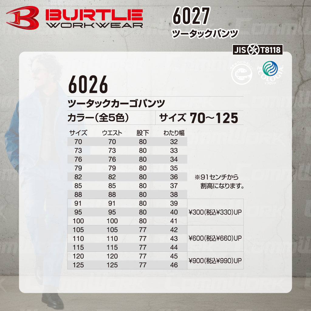 バートル BURTLE 6027 ツータックパンツ エコライトツイル 日本製素材 製品制電 JIS適合 エコマーク 春夏 メンズ 作業服 ズボン