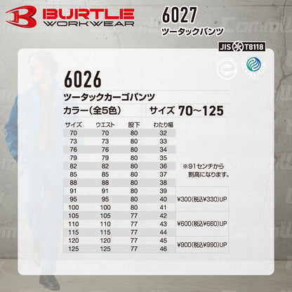 バートル BURTLE 6027 ツータックパンツ エコライトツイル 日本製素材 製品制電 JIS適合 エコマーク 春夏 メンズ 作業服 ズボン