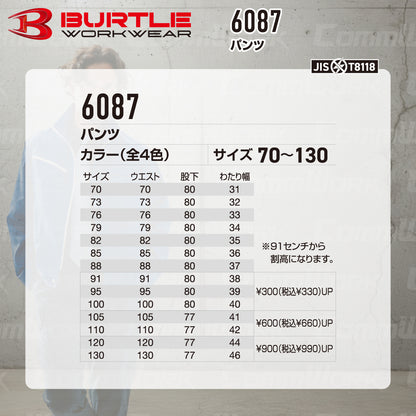 バートル BURTLE 6087 パンツ T/Cライトツイル 日本製素材 製品制電 JIS適合 春夏 ユニセックス 作業服 スラックス ズボン