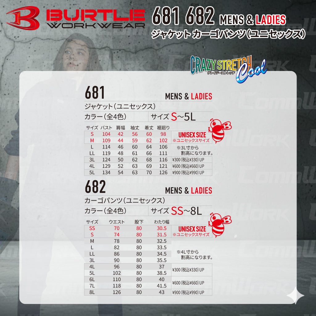 バートル BURTLE 通年作業服 681＆682 上下セット ジャケット×カーゴパンツ クレイジーストレッチ 綿ストレッチツイル スリム ユニセックス