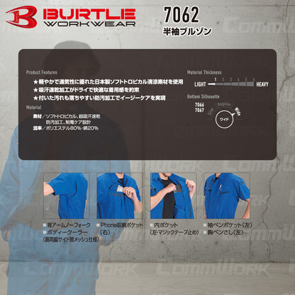 バートル BURTLE 7062 半袖ブルゾン ソフトトロピカル 日本製素材 ボディークーラー 吸汗速乾 防汚 製品制電 春夏 男女兼用 作業服 ジャケット