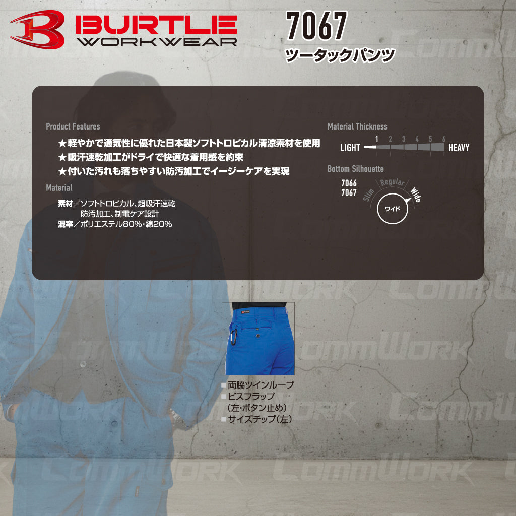 バートル BURTLE 7067 パンツ ソフトトロピカル 日本製素材 吸汗速乾 防汚 製品制電 春夏 男女兼用 作業服 スラックス ズボン