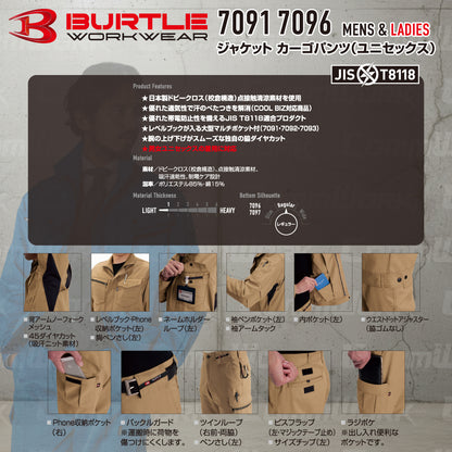 バートル BURTLE 春夏作業服 7091＆7096 上下セット 長袖ジャケット×カーゴパンツ ドビークロス 校倉構造 点接触清涼素材 JIS適合 男女兼用