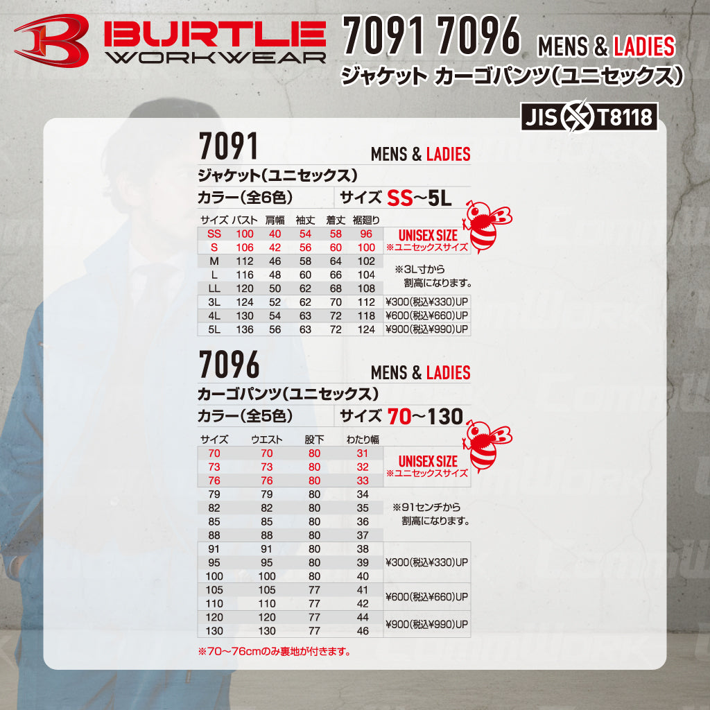 バートル BURTLE 春夏作業服 7091＆7096 上下セット 長袖ジャケット×カーゴパンツ ドビークロス 校倉構造 点接触清涼素材 JIS適合 男女兼用