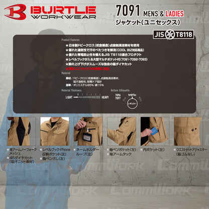 バートル BURTLE 7091 長袖ジャケット ドビークロス 校倉構造 点接触清涼素材 吸汗速乾 製品制電 JIS適合 春夏 男女兼用 作業服 ブルゾン