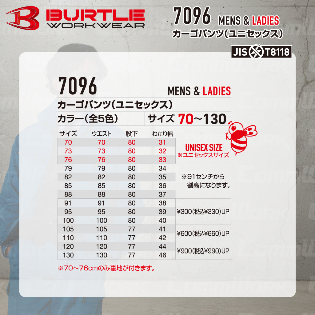 バートル BURTLE 7096 カーゴパンツ ドビークロス 校倉構造 点接触清涼素材 吸汗速乾 製品制電 JIS適合 春夏 男女兼用 作業服 ズボン