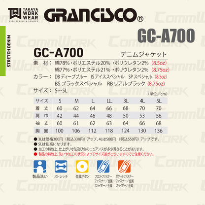 グランシスコ GC-A700 ストレッチデニムジャケット 高伸縮 製品洗い加工 ヴィンテージ感 作業服 作業着 タカヤ商事 デニムワークウェア