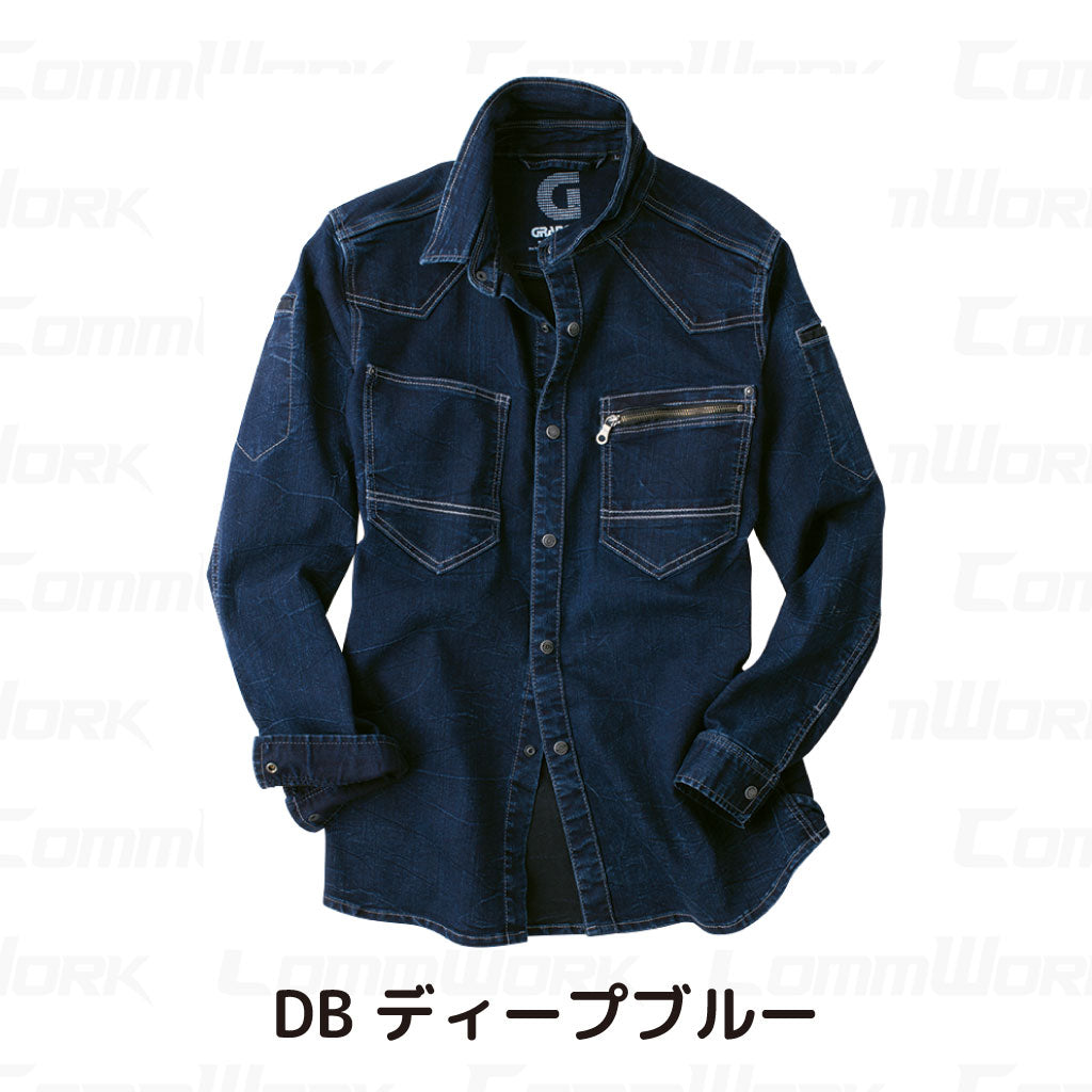 ランシスコ GC-A704 ストレッチデニムシャツ 高伸縮 8.5oz 製品洗い スタンドカラー スリム 作業服 作業着 タカヤ商事 ユニセックス