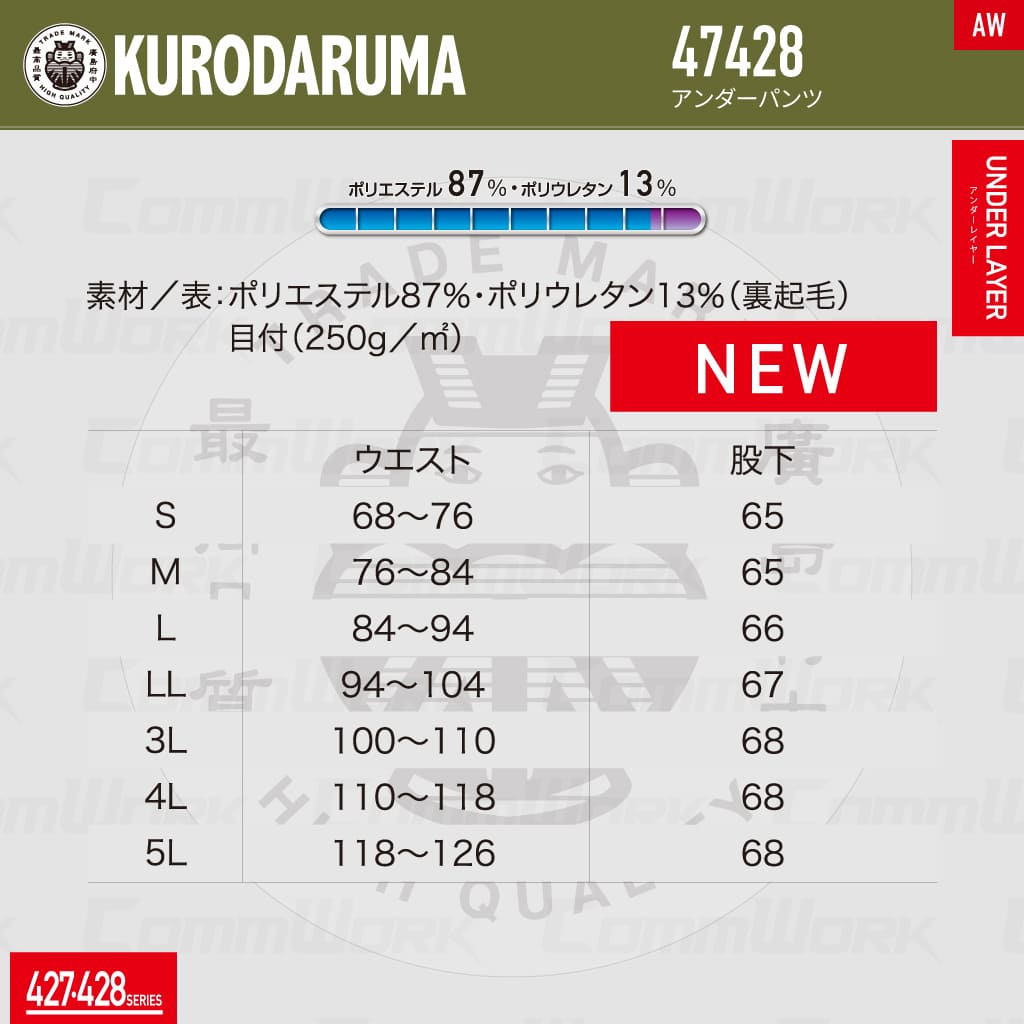 KURODARUMA 47428 珈琲炭極厚裏起毛 発熱保温アンダーパンツ 作業服 作業着 クロダルマ
