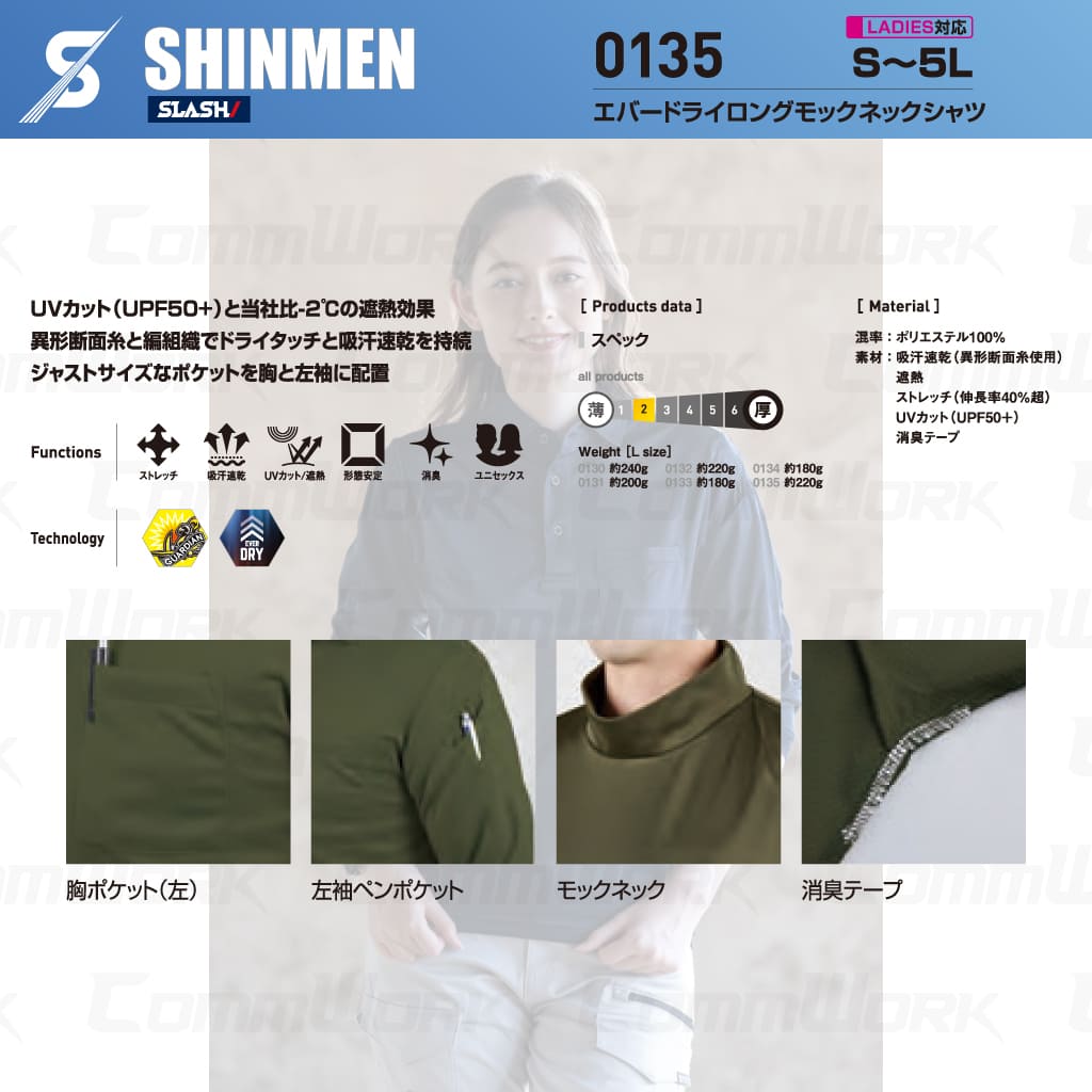 SHINMEN 0135 エバードライモックネックロングTシャツ 長袖 遮熱 UVカット UPF50+ 吸汗速乾 ストレッチ 消臭 春夏 作業服 Tシャツ