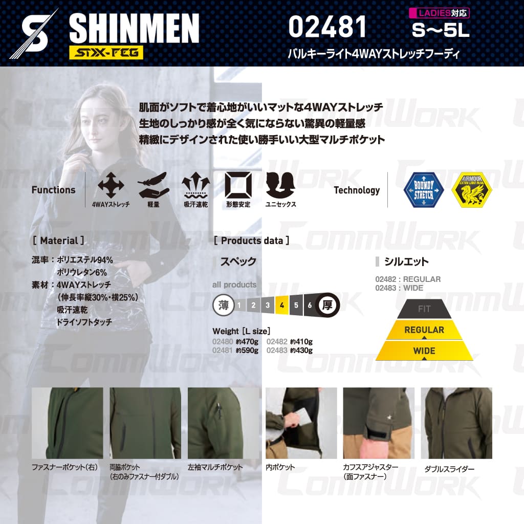 SHINMEN 02481 バルキーライト4WAYストレッチフーディ 4WAYストレッチ 吸汗速乾 形態安定 軽量 ソフト マルチポケット フーディ パーカー 作業服 作業着 シンメン