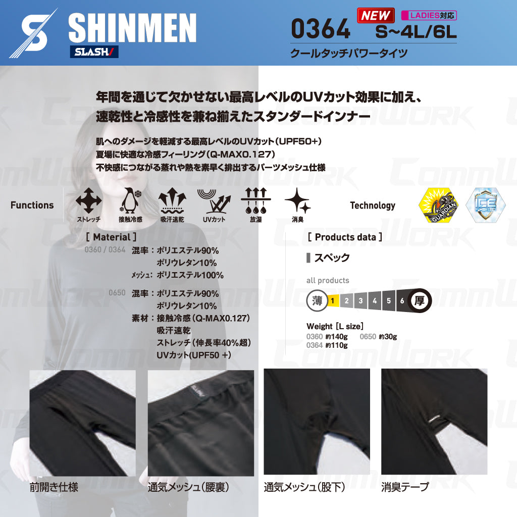 SHINMEN SLASH 0364 クールタッチパワータイツ コンプレッション タイツ レギンス 接触冷感 吸汗速乾 UVカット UPF50+ 前開き 股下メッシュ 消臭 春夏 作業服 インナー シンメン