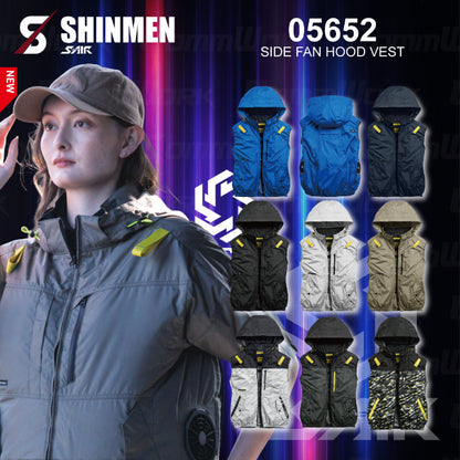 シンメン 05652 S-AIR サイドファンフードベスト フルハーネス対応 撥水 UVカット トリプルアイスポケット搭載 空調作業服