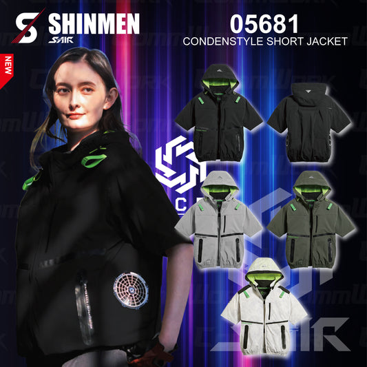 シンメン 05681 S-AIR コンデンスタイルショートジャケット 半袖 ストレッチナイロン 遮熱 撥水 サイドファン フルハーネス対応 空調作業服