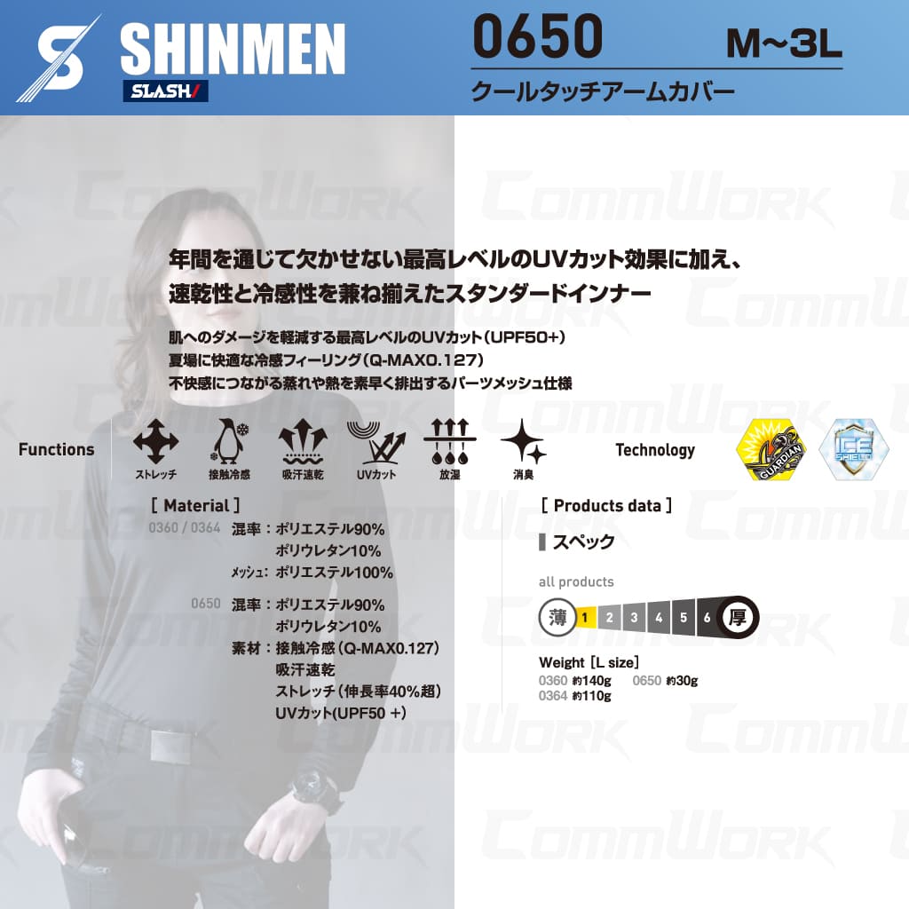 SHINMEN 0650 クールタッチアームカバー 接触冷感 吸汗速乾 UVカット UPF50+ ストレッチ アームカバー 腕カバー 春夏 作業服 インナー シンメン