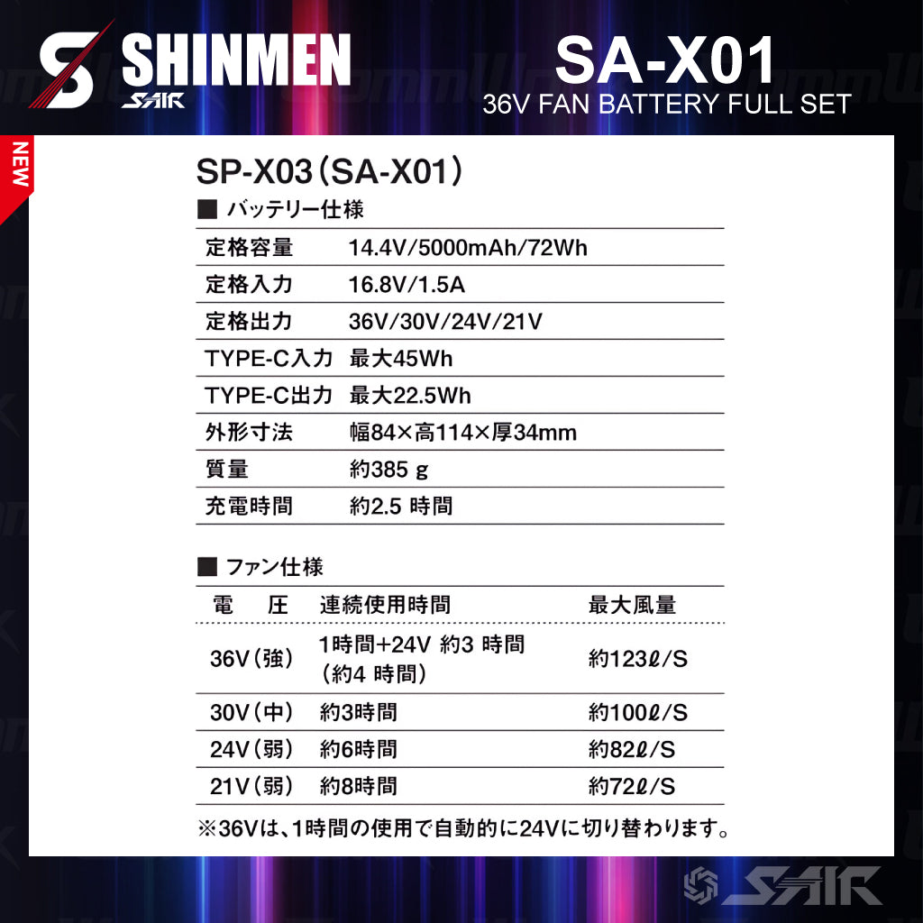 シンメン SA-X01 36Vファンバッテリーフルセット 2026SS 新作 最強36V 業界トップクラス123L/S 急速充電2.5時間 水洗い対応 防塵防滴 S-AIR