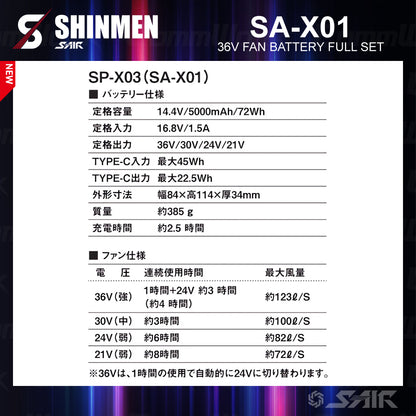 シンメン SA-X01 36Vファンバッテリーフルセット 2026SS 新作 最強36V 業界トップクラス123L/S 急速充電2.5時間 水洗い対応 防塵防滴 S-AIR