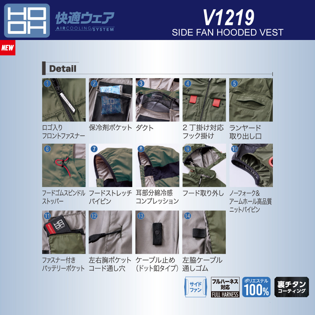 HOOH 快適ウェア V1219 サイドファンフードベスト フルハーネス対応 裏チタンコーティング 遮熱 UVカット 村上被服
